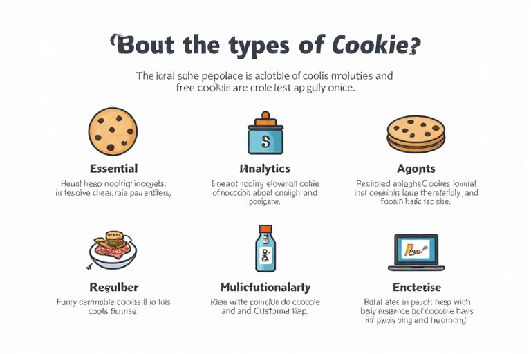 Digital illustration of various types of cookies, categorized by their function: essential, analytics, and functionality. Each category has a distinct icon and a brief description, all within a clean, modern design.
