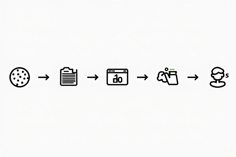 Illustration of various cookie types and their function, showing small data files transferring between a website server and a user's device, with icons representing different uses like preferences, analytics, and advertising.