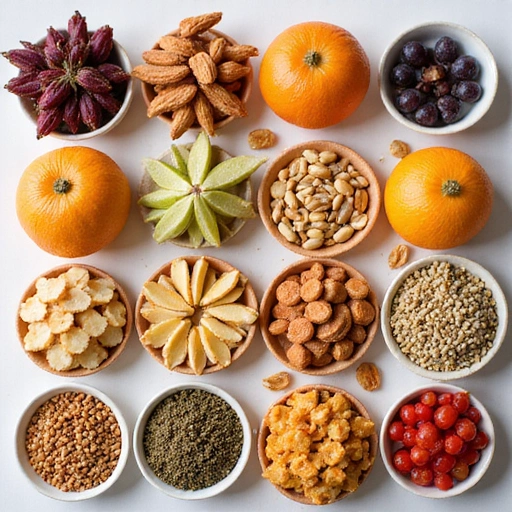 Image of various healthy snacks like nuts, fruits, and seeds
